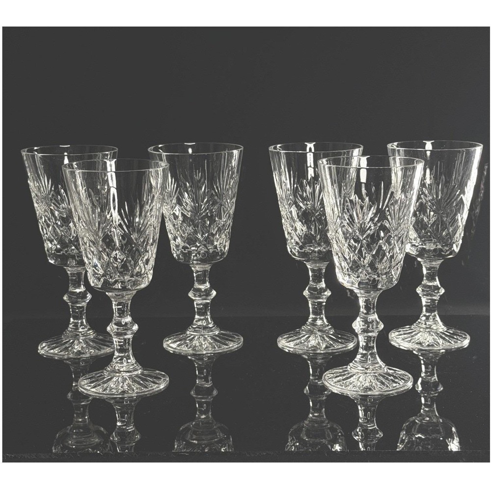 Vintage Cut Crystal Wine Goblets Fan Diamond Stemware  Set of 6